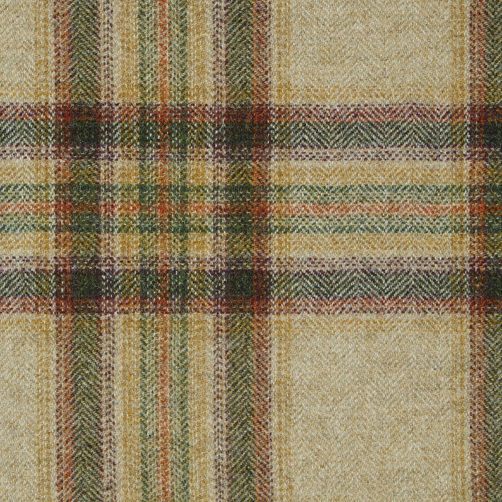 Natural and olive woven check with charcoal, rust, and pale blue-green cross-lines