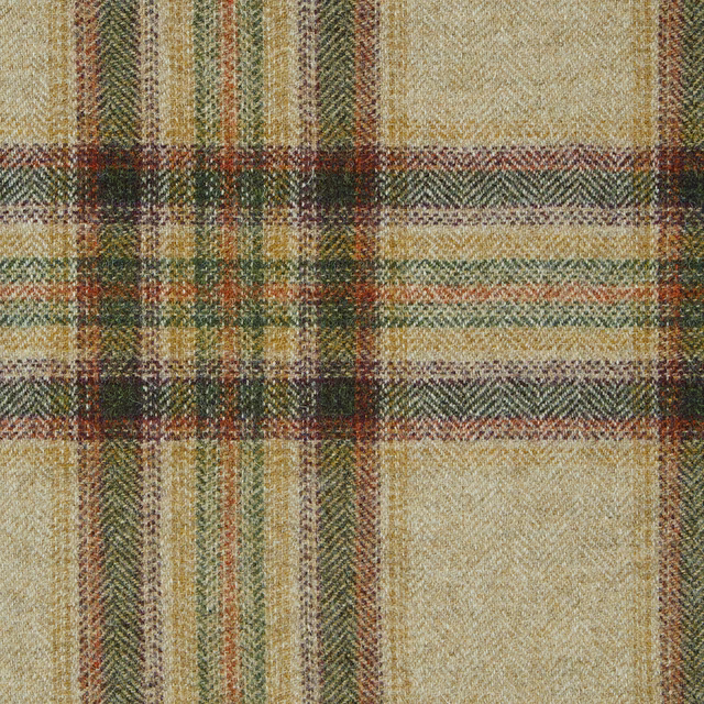 Natural and olive woven check with charcoal, rust, and pale blue-green cross-lines