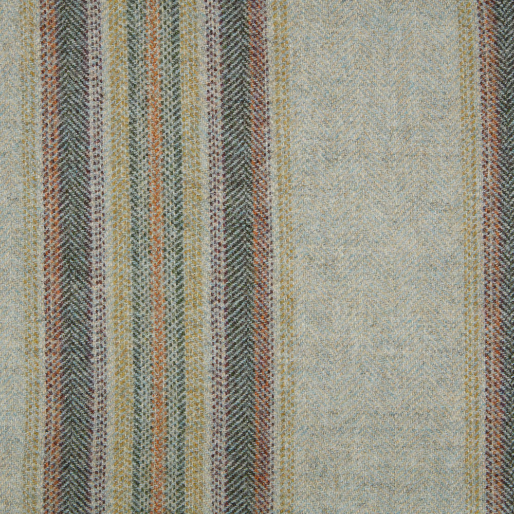 Weathered aqua striped textile with olive, cream, brown and rust woven detailing