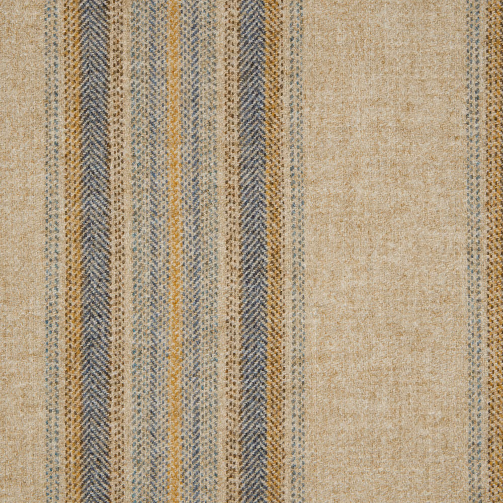Natural beige woven stripe with denim-blue, ochre and grey vertical bands