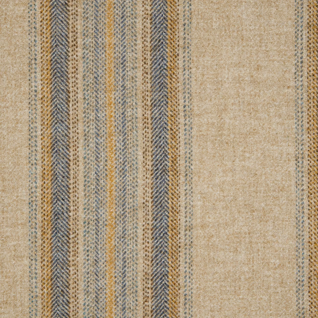 Natural beige woven stripe with denim-blue, ochre and grey vertical bands