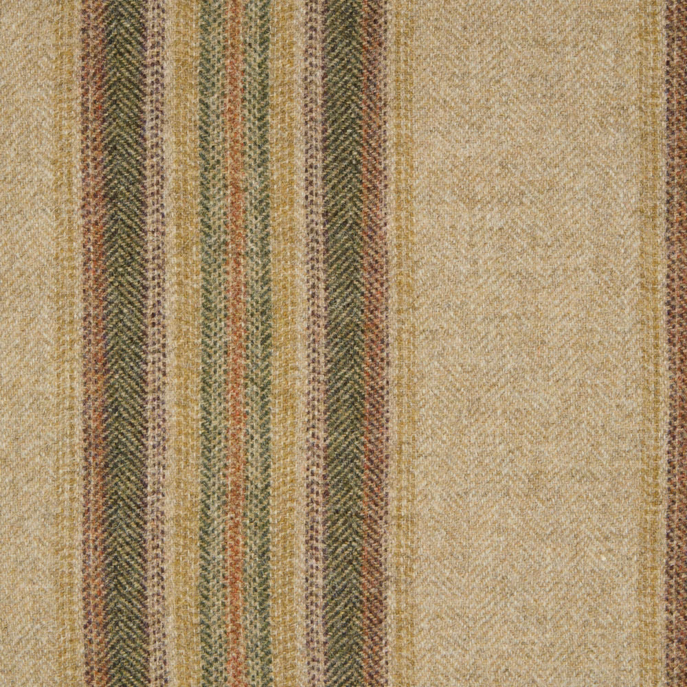 Natural woven stripe fabric with muted olive, brown and rust vertical bands