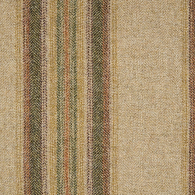 Natural woven stripe fabric with muted olive, brown and rust vertical bands