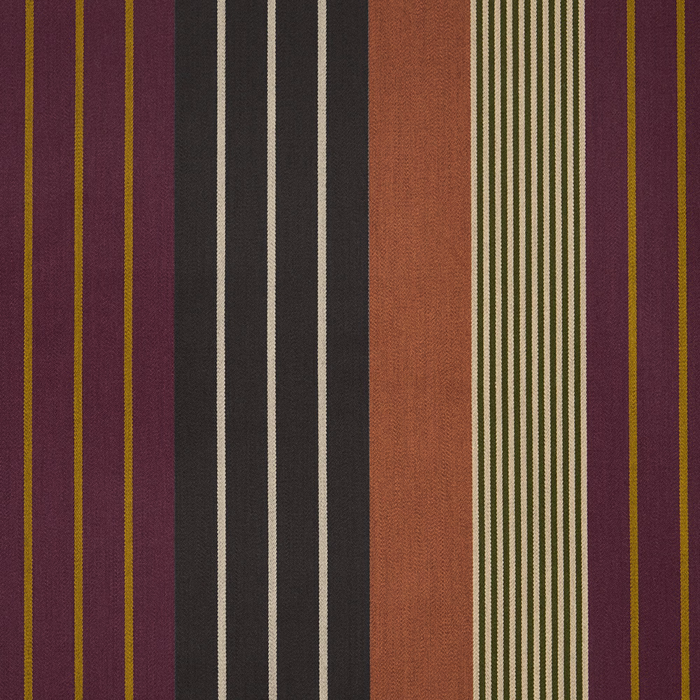 Burgundy woven fabric with vertical charcoal, cream, terracotta, olive and mustard stripes