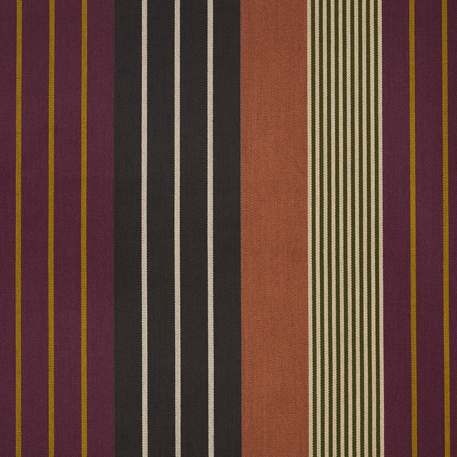 Burgundy woven fabric with vertical charcoal, cream, terracotta, olive and mustard stripes
