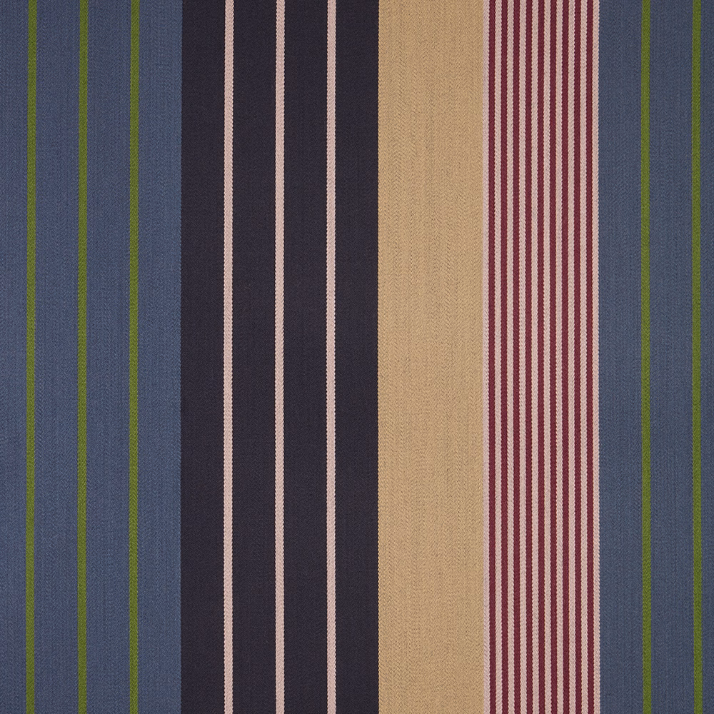 Indigo woven stripe with olive, tan, blush and burgundy vertical bands