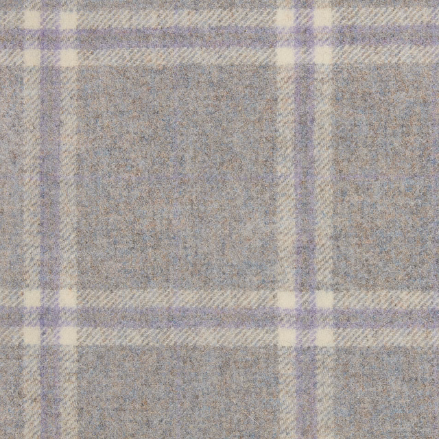 Cool grey and lavender windowpane plaid with a softly mottled woven surface