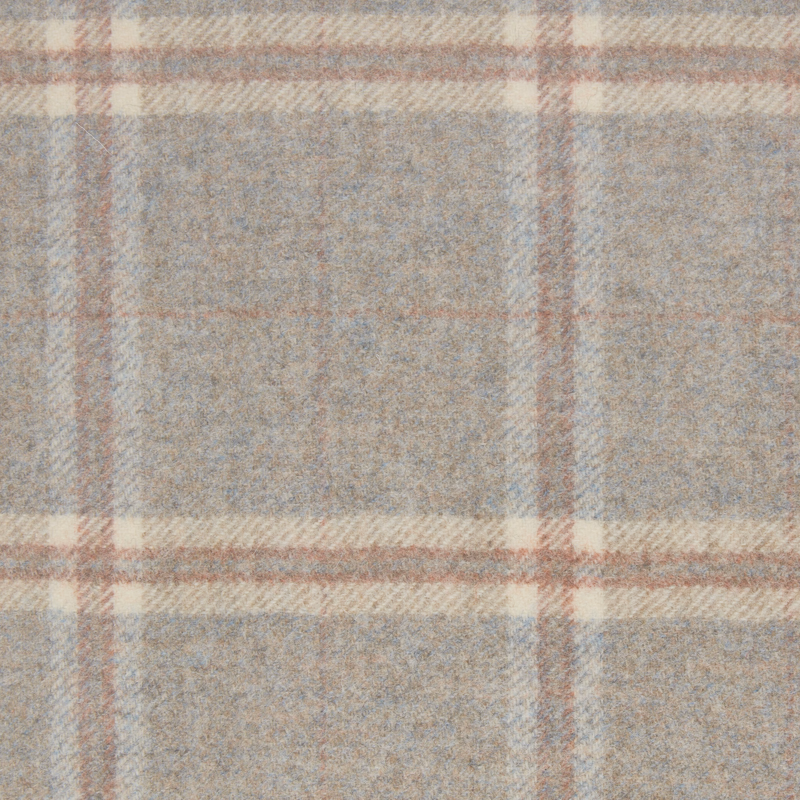 Muted sandstone windowpane fabric with dusty rose and cream lines and a softly brushed weave