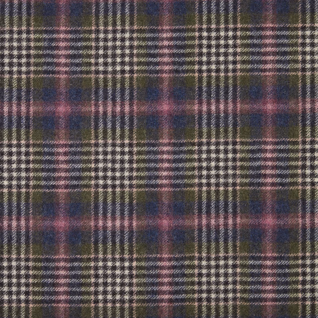 Indigo plaid textile with olive, rose and cream lines in a textured weave