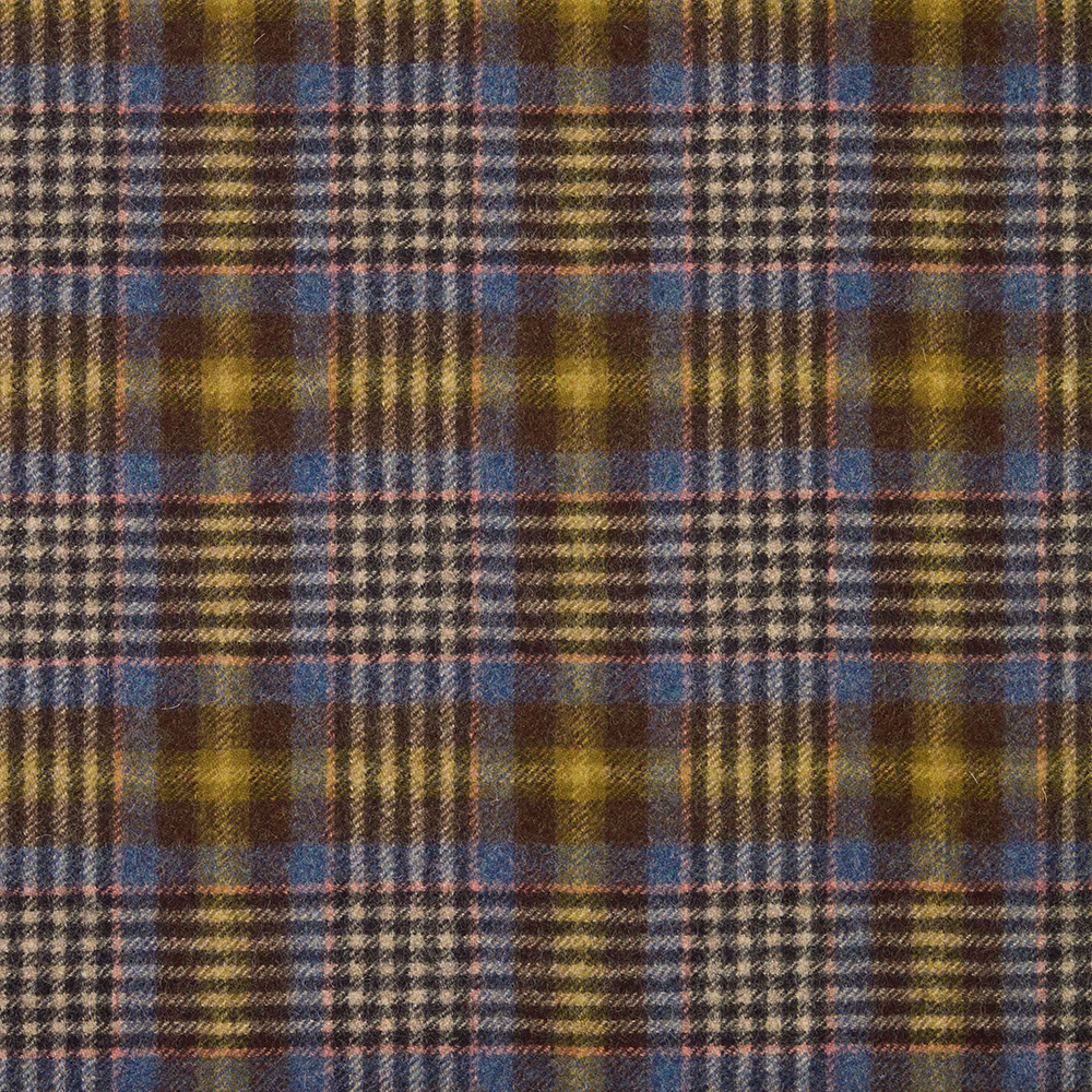 Ochre, navy and brown woven tartan with fine pink crossing lines