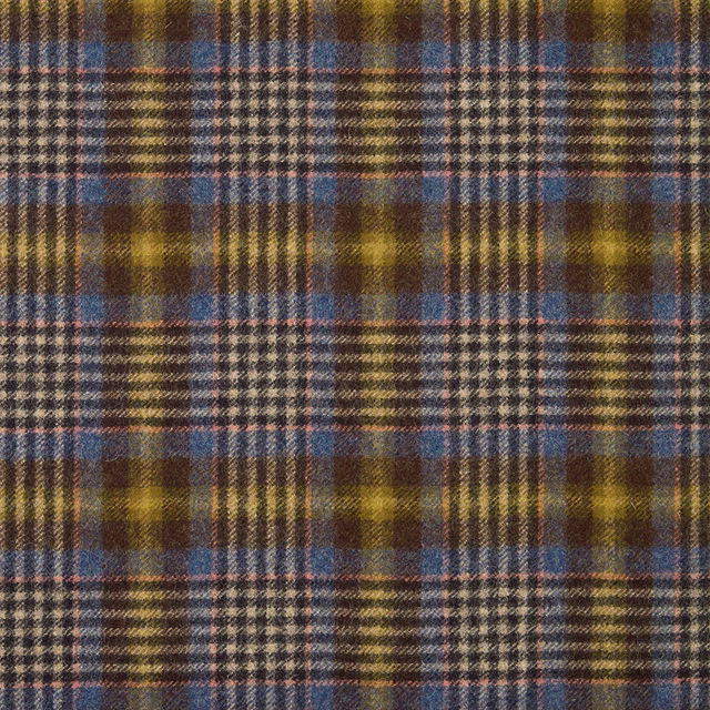 Ochre, navy and brown woven tartan with fine pink crossing lines
