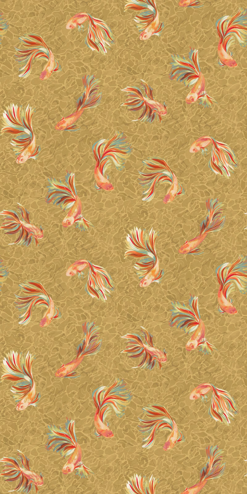 Patterned gold wallpaper with swimming fish motifs in coral, cream and teal