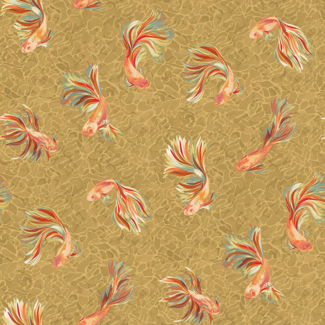 Patterned gold wallpaper with swimming fish motifs in coral, cream and teal