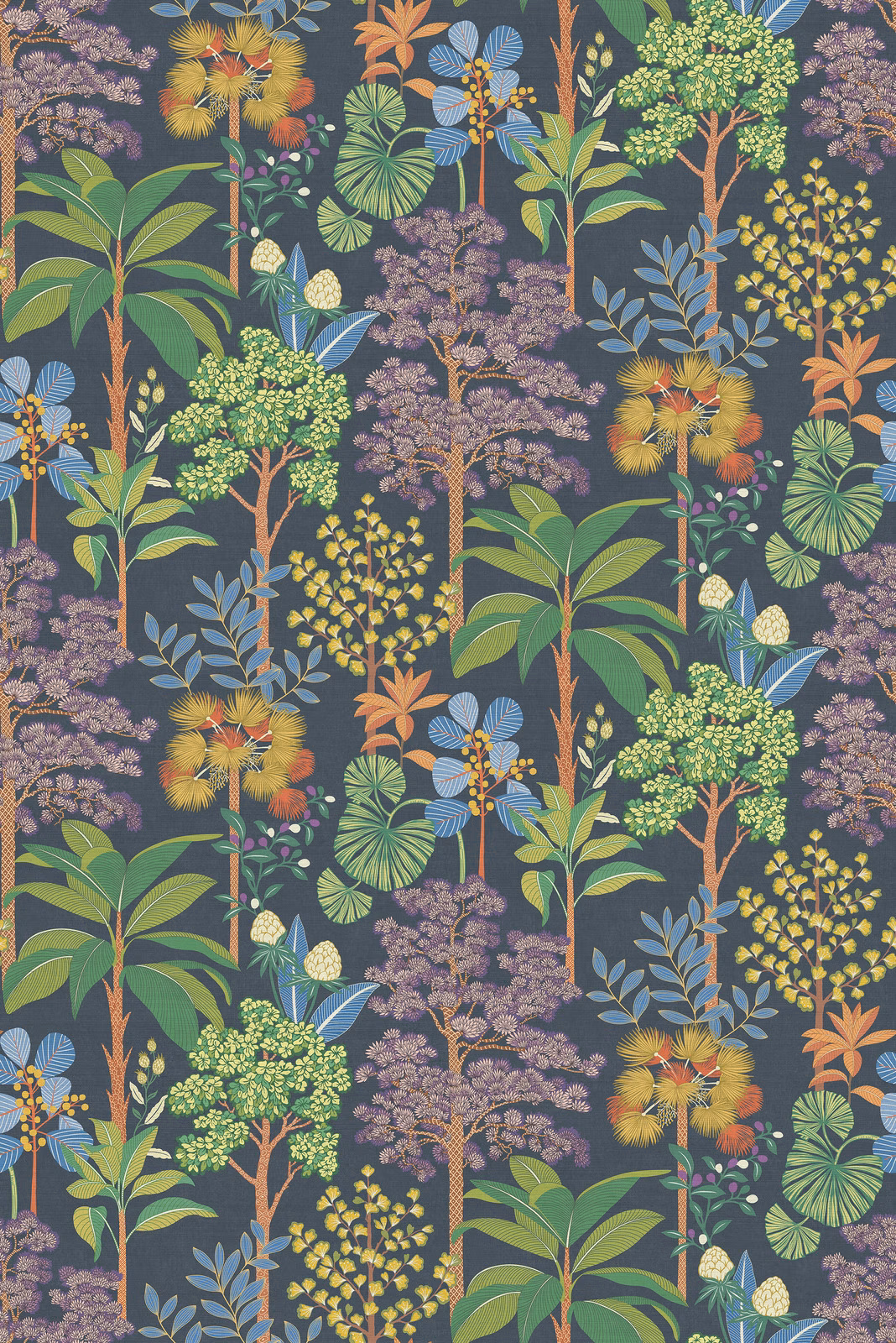 Dark navy wallpaper swatch with colourful botanical trees, leaves and foliage