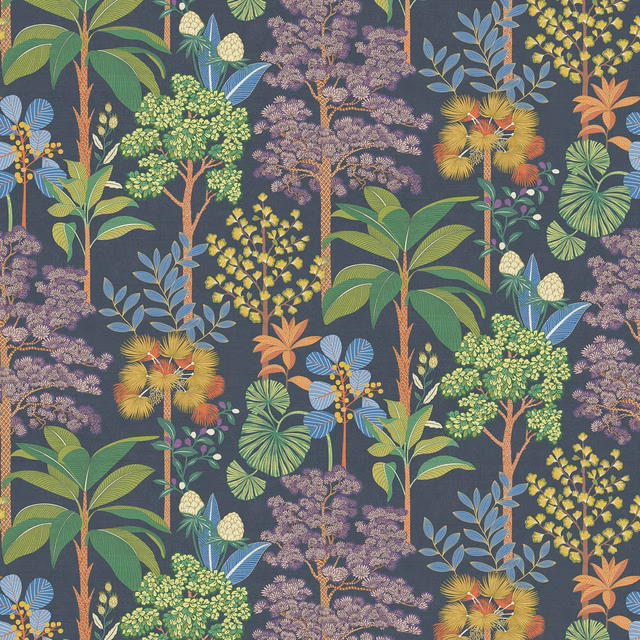 Dark navy wallpaper swatch with colourful botanical trees, leaves and foliage