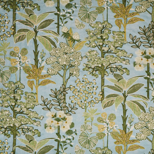 Blue botanical fabric with large leafy stems and pale cream flowers