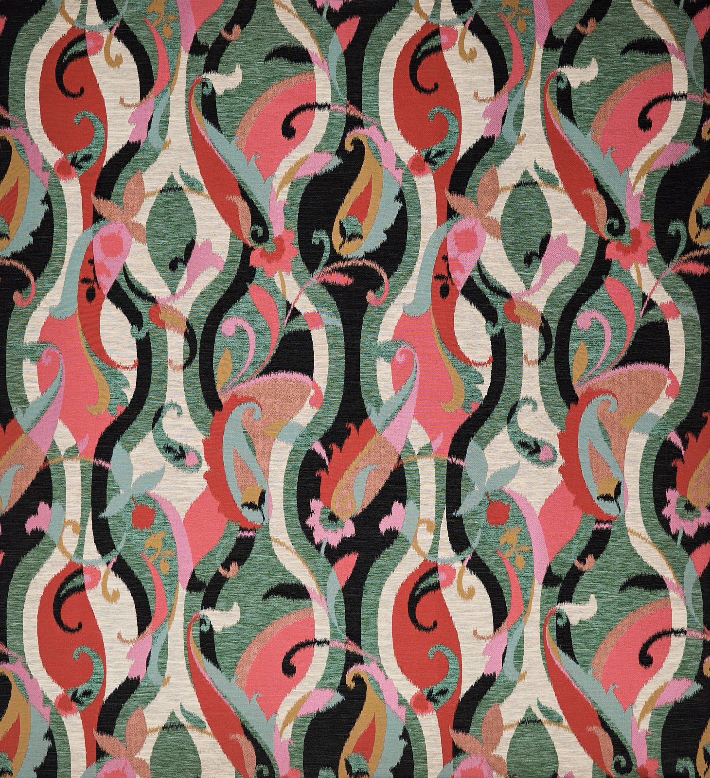 Bold scrolling paisley fabric in green, pink, cream and black