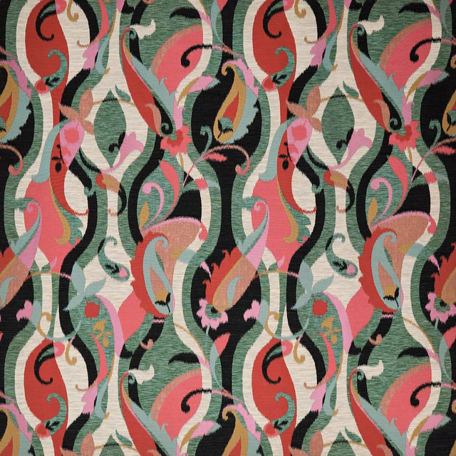 Bold scrolling paisley fabric in green, pink, cream and black