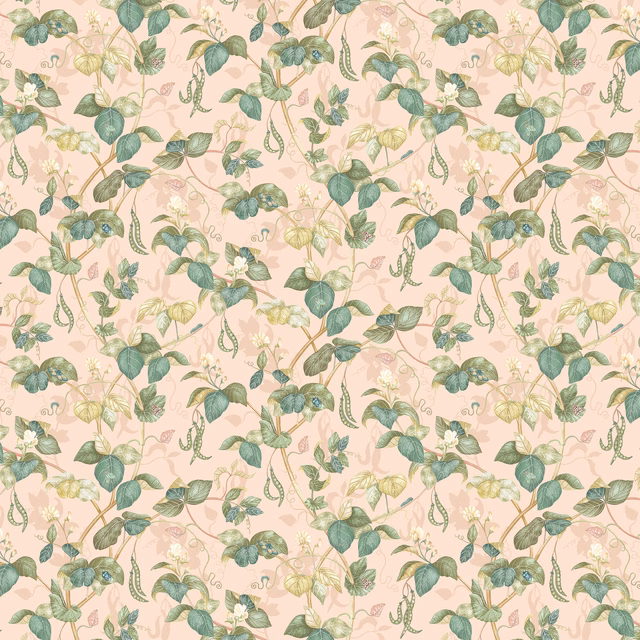 Blush pink floral fabric with trailing green vines and leaf motifs