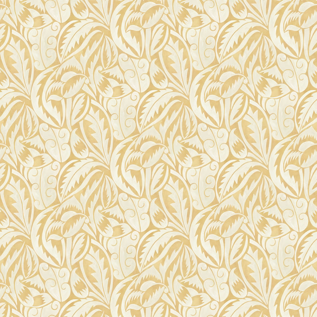 Pale cream wallpaper with flowing leaf and vine motif in soft gold tones