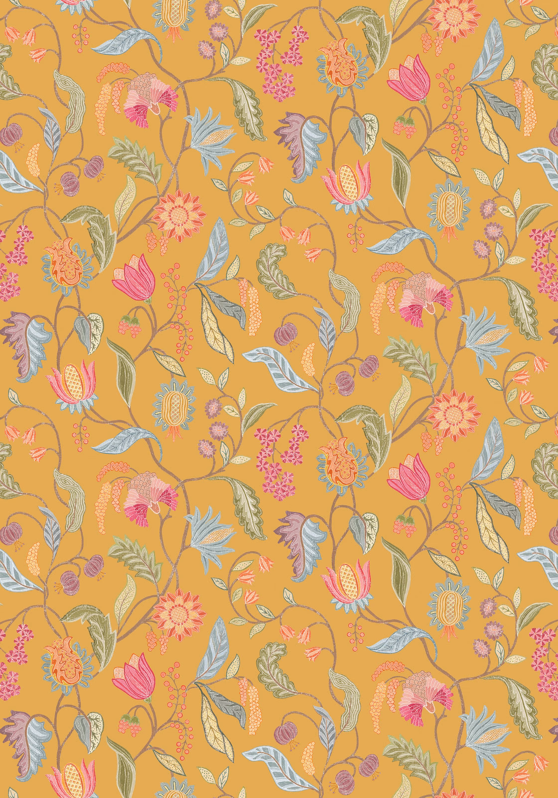 Mustard ochre floral fabric with pink, blue and sage vine motifs