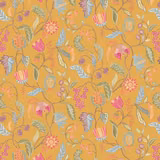 Mustard ochre floral fabric with pink, blue and sage vine motifs