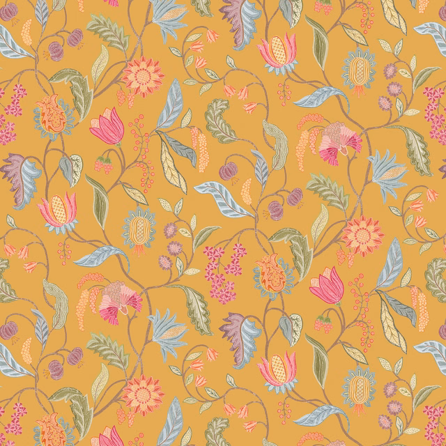 Mustard ochre floral fabric with pink, blue and sage vine motifs