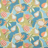 Aqua printed cotton swatch with pomegranate motifs in coral, green and cream