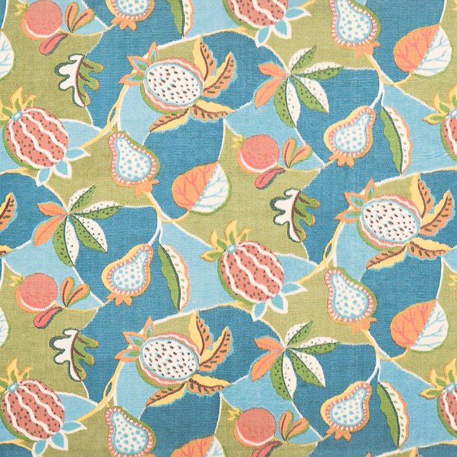 Aqua printed cotton swatch with pomegranate motifs in coral, green and cream
