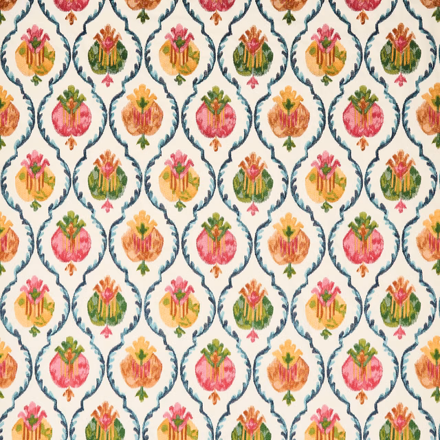 Cream fabric swatch with teal scalloped medallions and pink, green, orange floral motifs