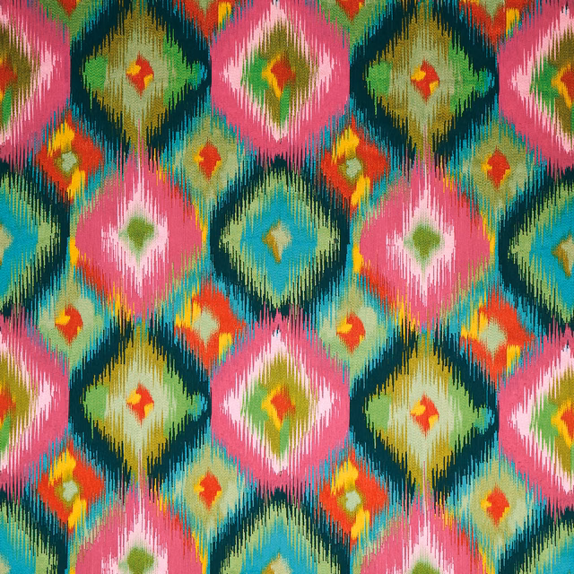 Bright geometric fabric swatch with pink, teal, lime and orange diamond motifs