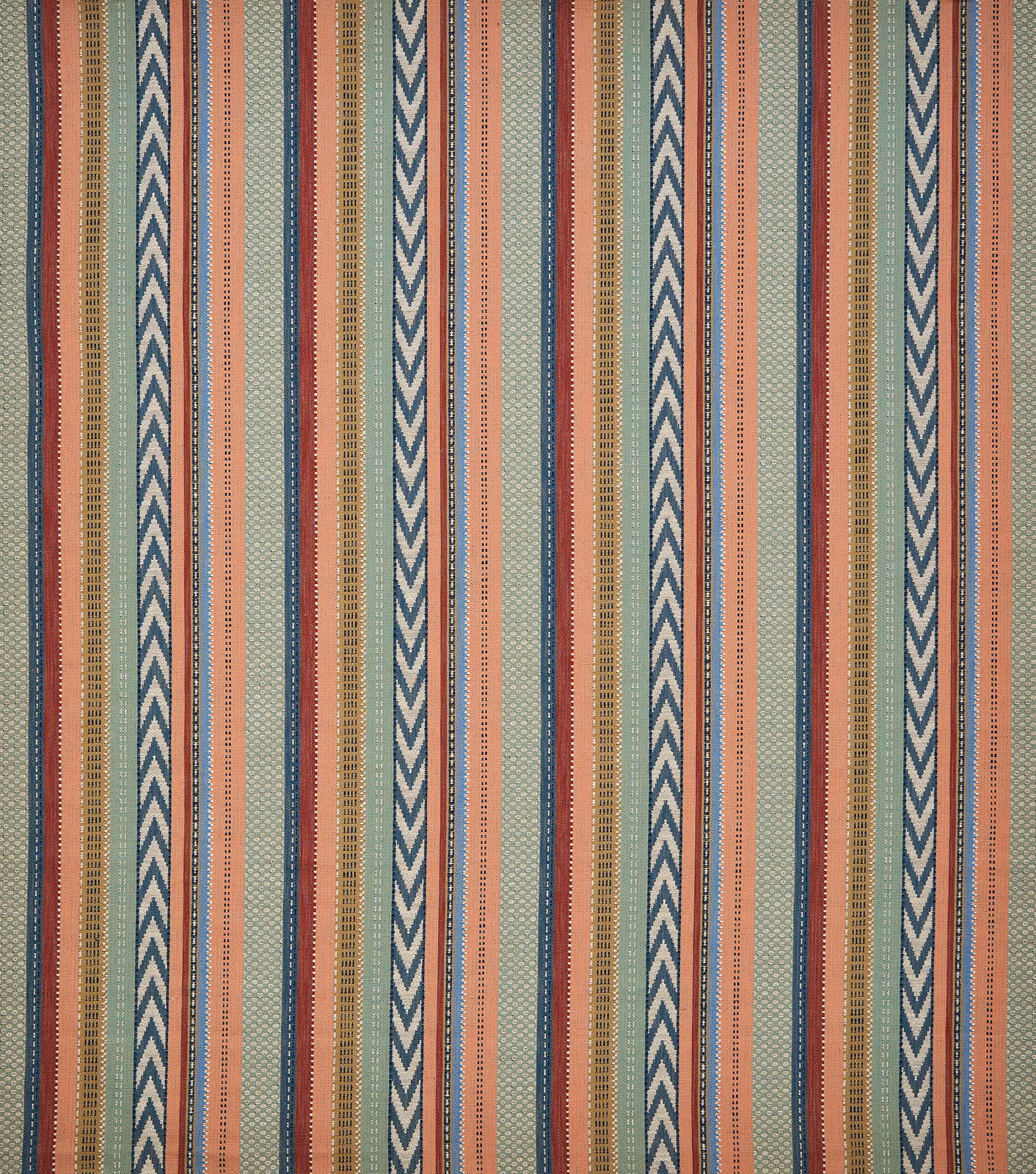 Striped woven fabric in sage green, coral, ochre and navy vertical bands