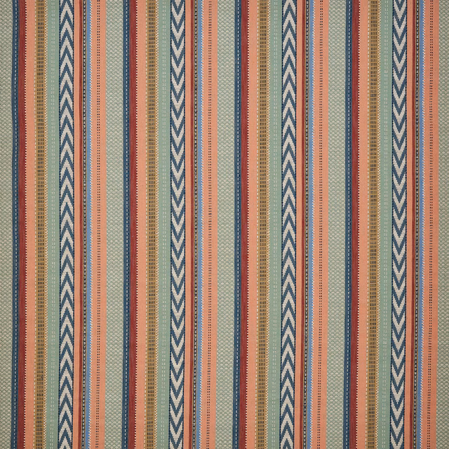 Striped woven fabric in sage green, coral, ochre and navy vertical bands