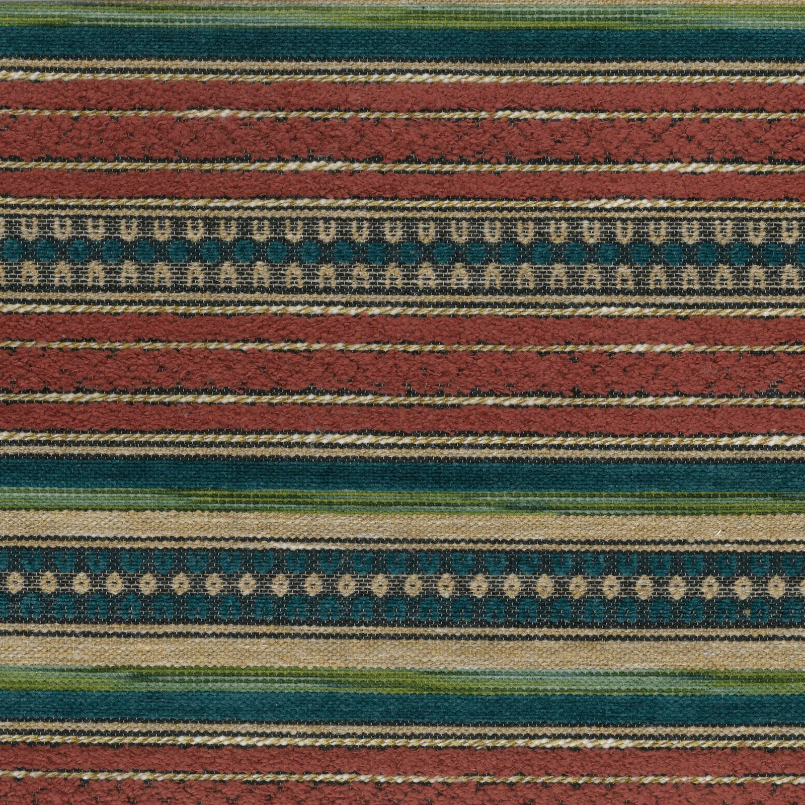 Striped woven fabric in terracotta, teal, olive and natural bands