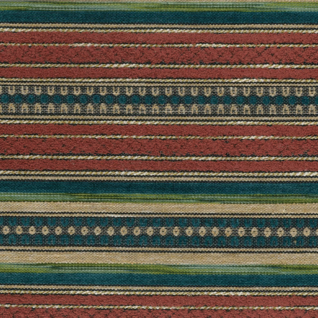 Striped woven fabric in terracotta, teal, olive and natural bands