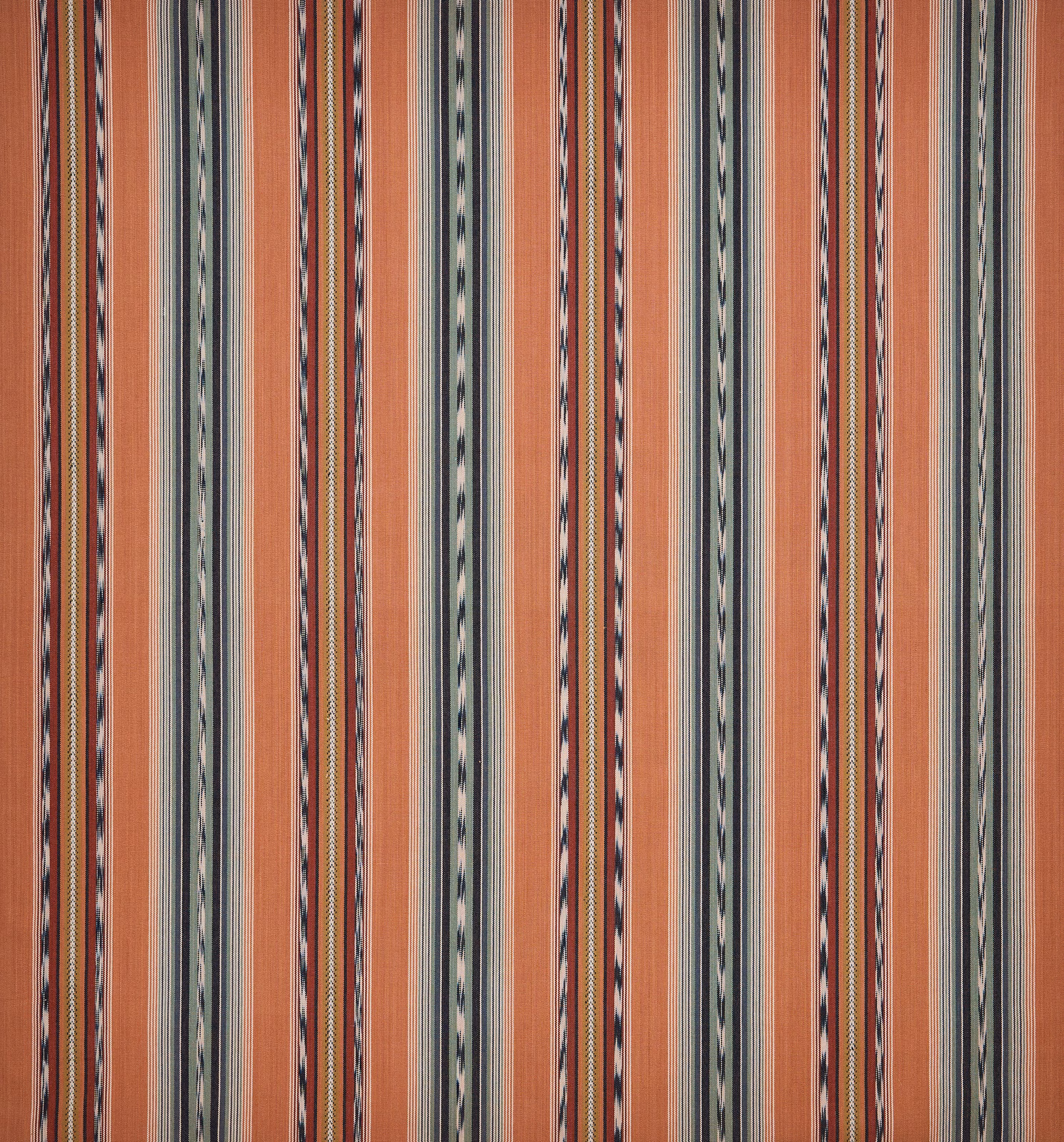 Vertical terracotta, coral and sage-striped woven fabric with fine dark accents
