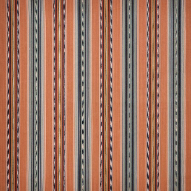 Vertical terracotta, coral and sage-striped woven fabric with fine dark accents