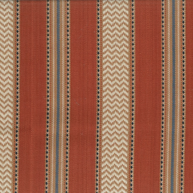 Terracotta striped woven fabric with cream chevrons and slim blue-grey bands