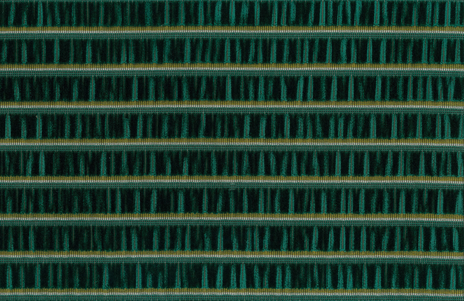 Close-up of green and black striped woven fabric with narrow olive bands