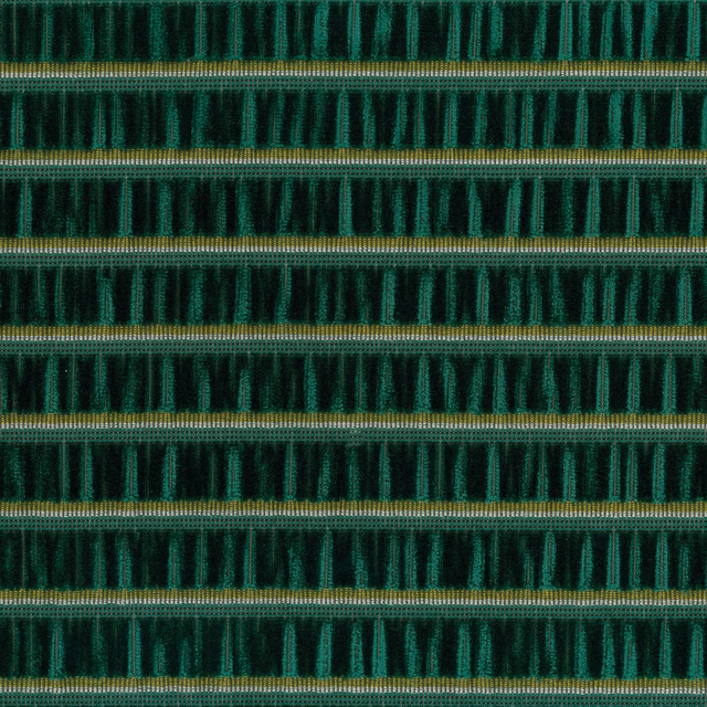 Close-up of green and black striped woven fabric with narrow olive bands