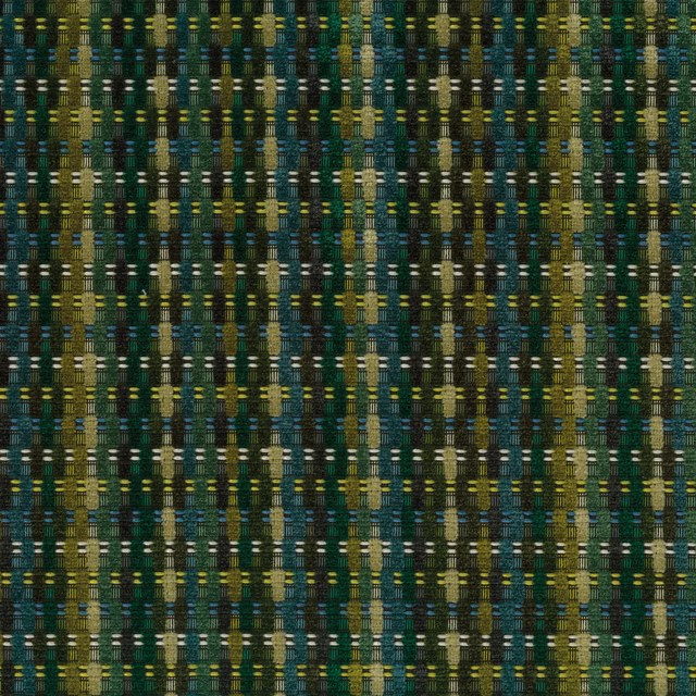 Close-up of a small green checked woven fabric with olive and teal highlights