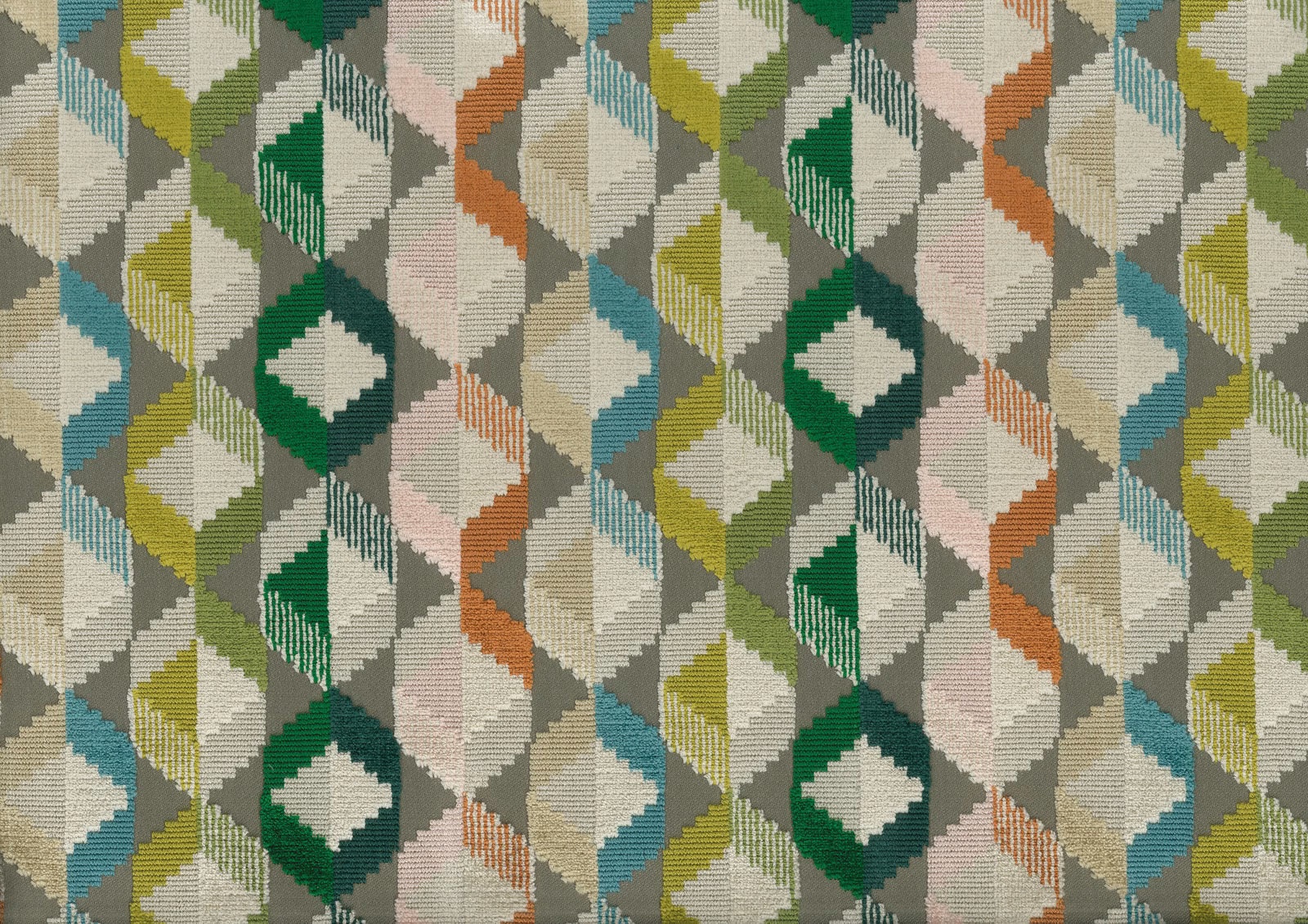 Geometric woven fabric in ivory, sage, aqua, green and terracotta diamond bands