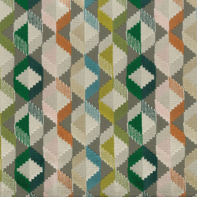 Geometric woven fabric in ivory, sage, aqua, green and terracotta diamond bands