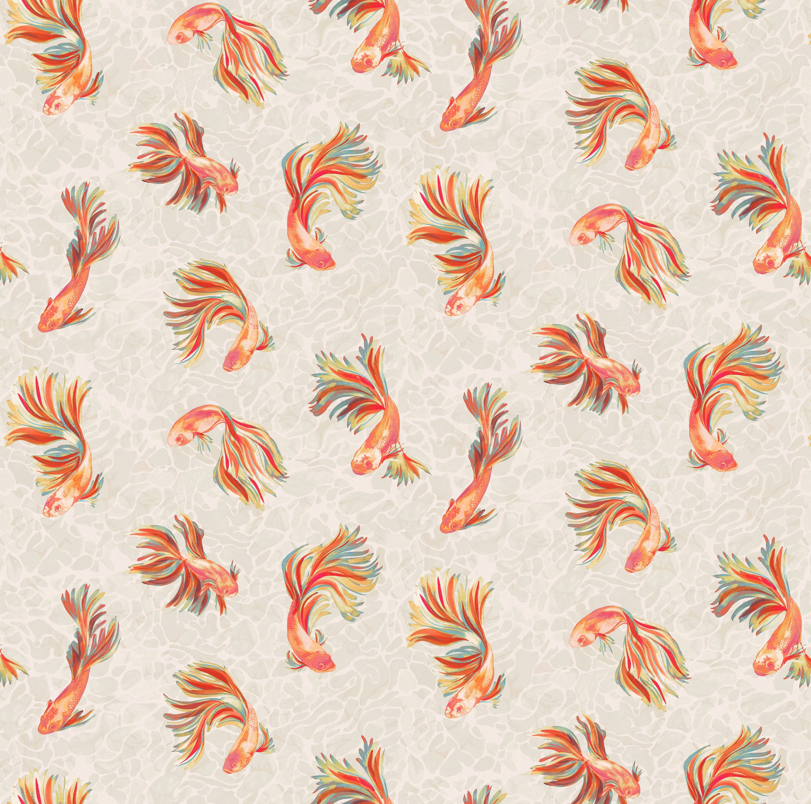 Colourful fish motif print on a warm ivory ground with coral, teal and yellow fins