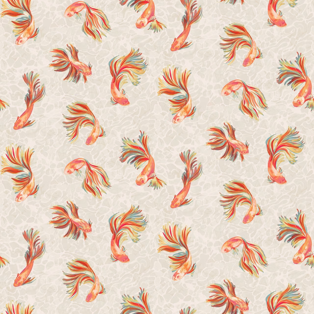 Colourful fish motif print on a warm ivory ground with coral, teal and yellow fins