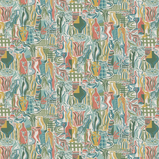Abstract multicolour fabric with mint ground, coral vases and teal geometric motifs