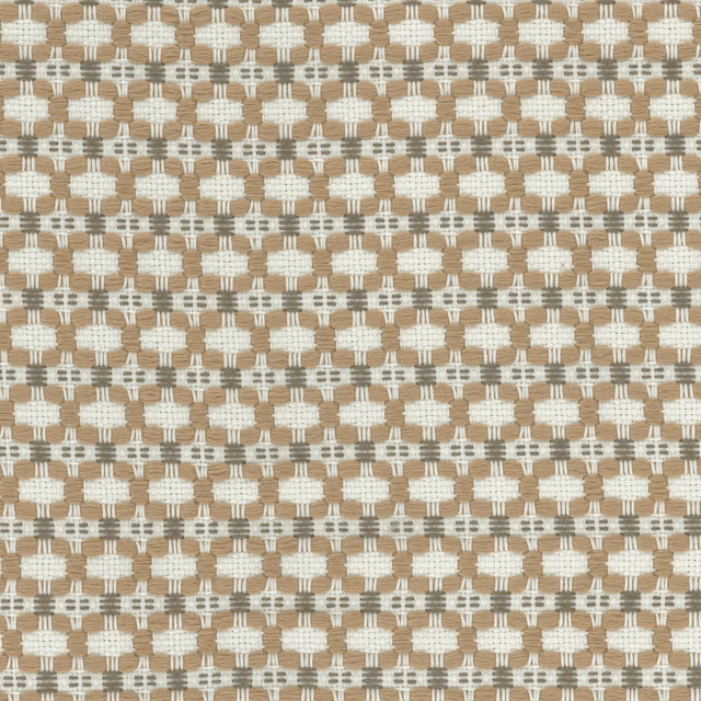 Close-up of a small geometric woven fabric in oatmeal beige, ivory and taupe-grey