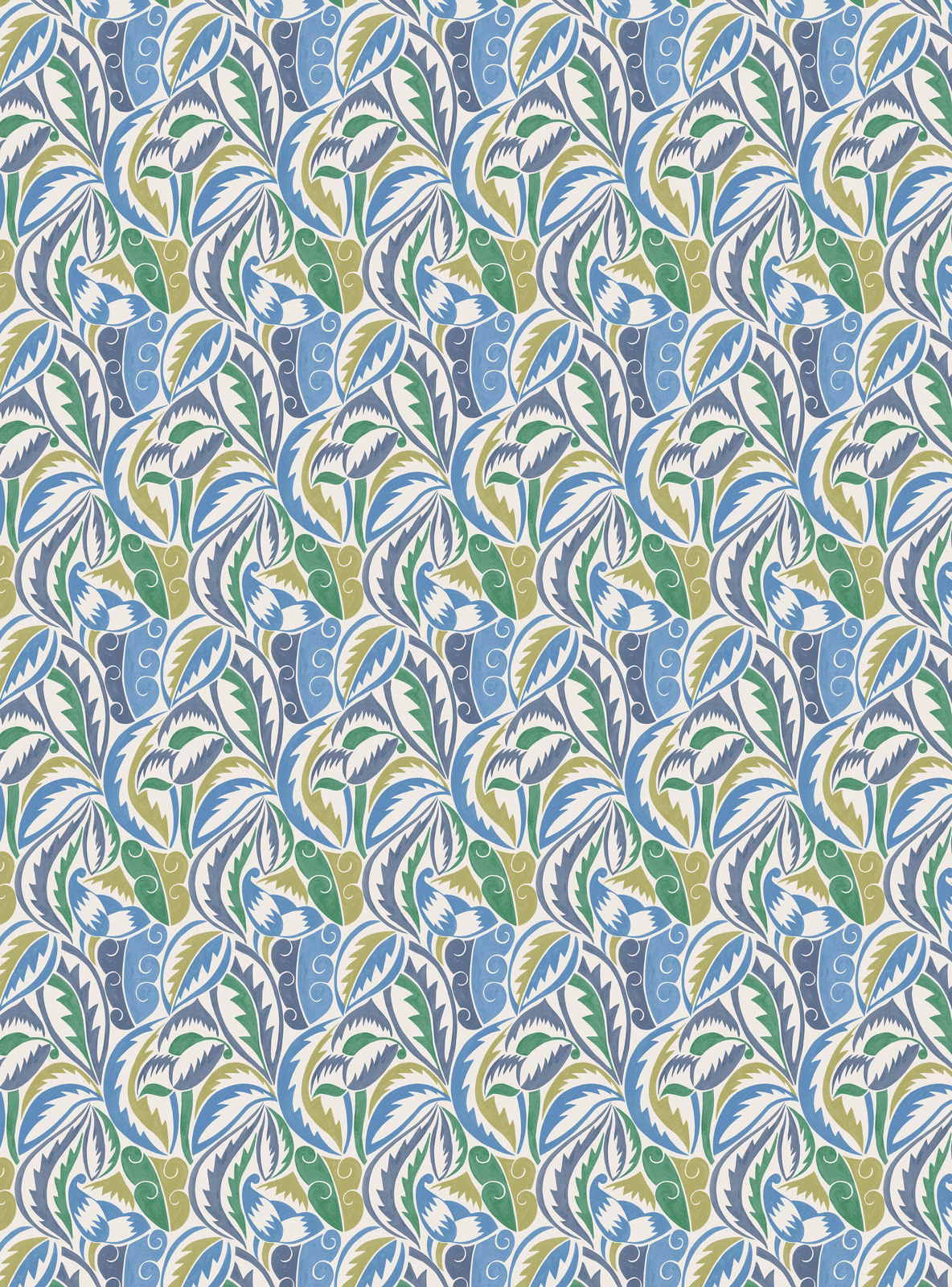 Patterned fabric with blue, green and yellow leaf motifs on a pale ground
