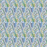 Patterned fabric with blue, green and yellow leaf motifs on a pale ground