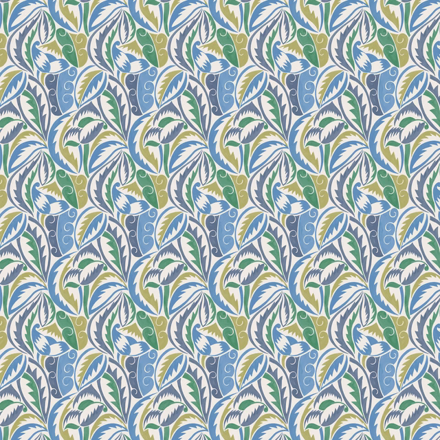 Patterned fabric with blue, green and yellow leaf motifs on a pale ground